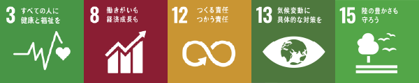 3.すべての人に健康と福祉を 8.働きがいも経済成長も 12.つくる責任つかう責任 13.気候変動に具体的な対策を 15.陸の豊かさも守ろう